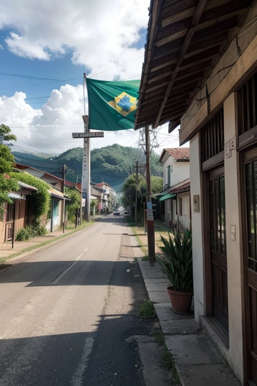 this small town, seen from afar and at its entrance a sign written old cross and the Brazilian flag hanging