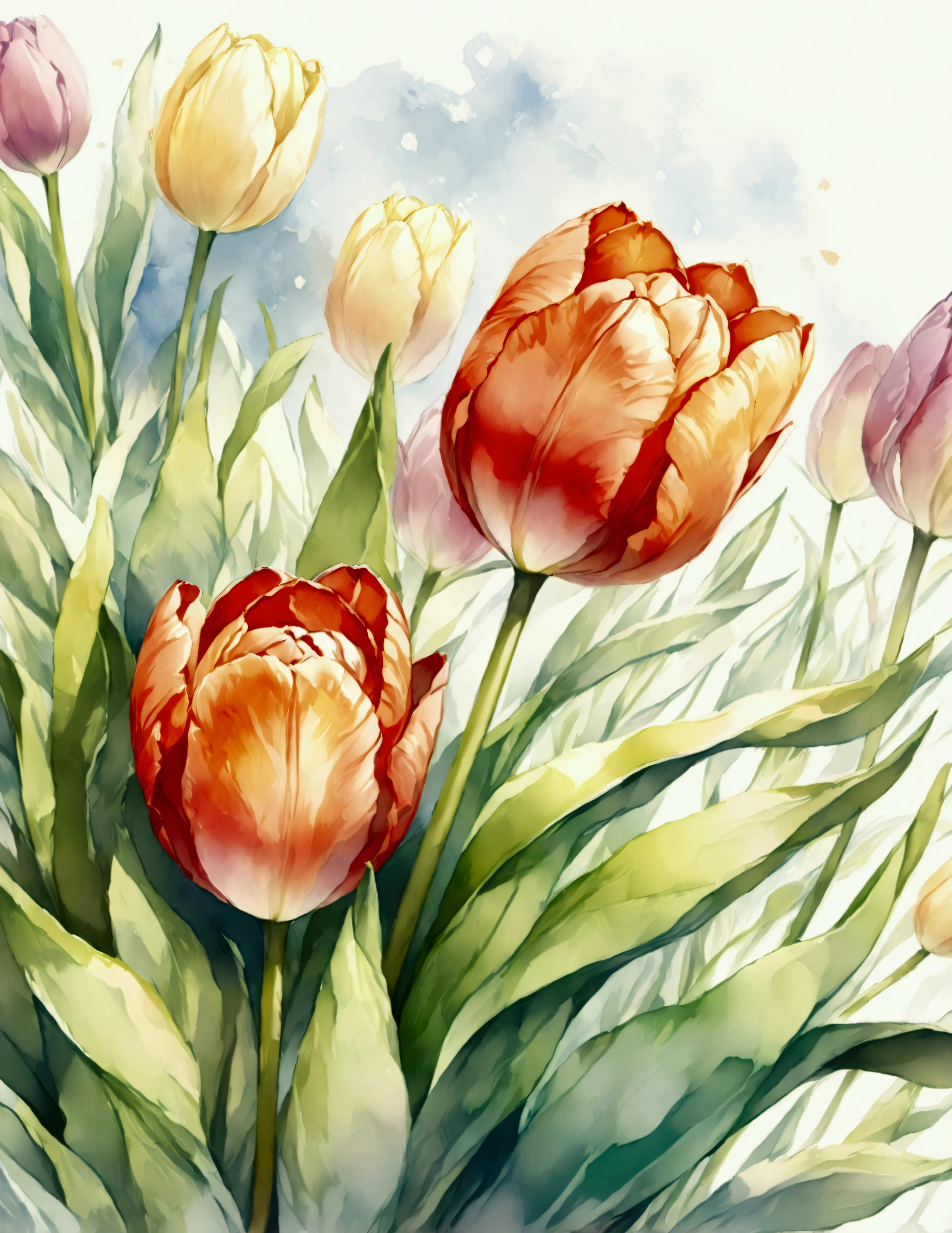 Illustration in watercolor style,(,flower,tulip,),Transparent watercolor,pour watercolor paint,Expressing the blur and blur typical of watercolors,Draw a thick, clear outline,Clarity,soft tones,Use layering techniques,(highest quality:1.4),(ultra detailed:1.5),High resolution,extremely detailed,unity 8k wallpaper,artwork,decorative