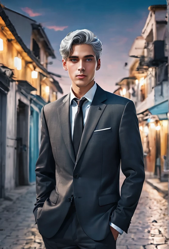 1 man, high quality, masterpiece, high definition, 20 years old man, handsome, beautiful, dark silver hair(4.5), grey hair(4.5), expressionless face(4.0), reserved gen z outfit(4.0), pale blue eyes(3.5), bustling background (4.0)