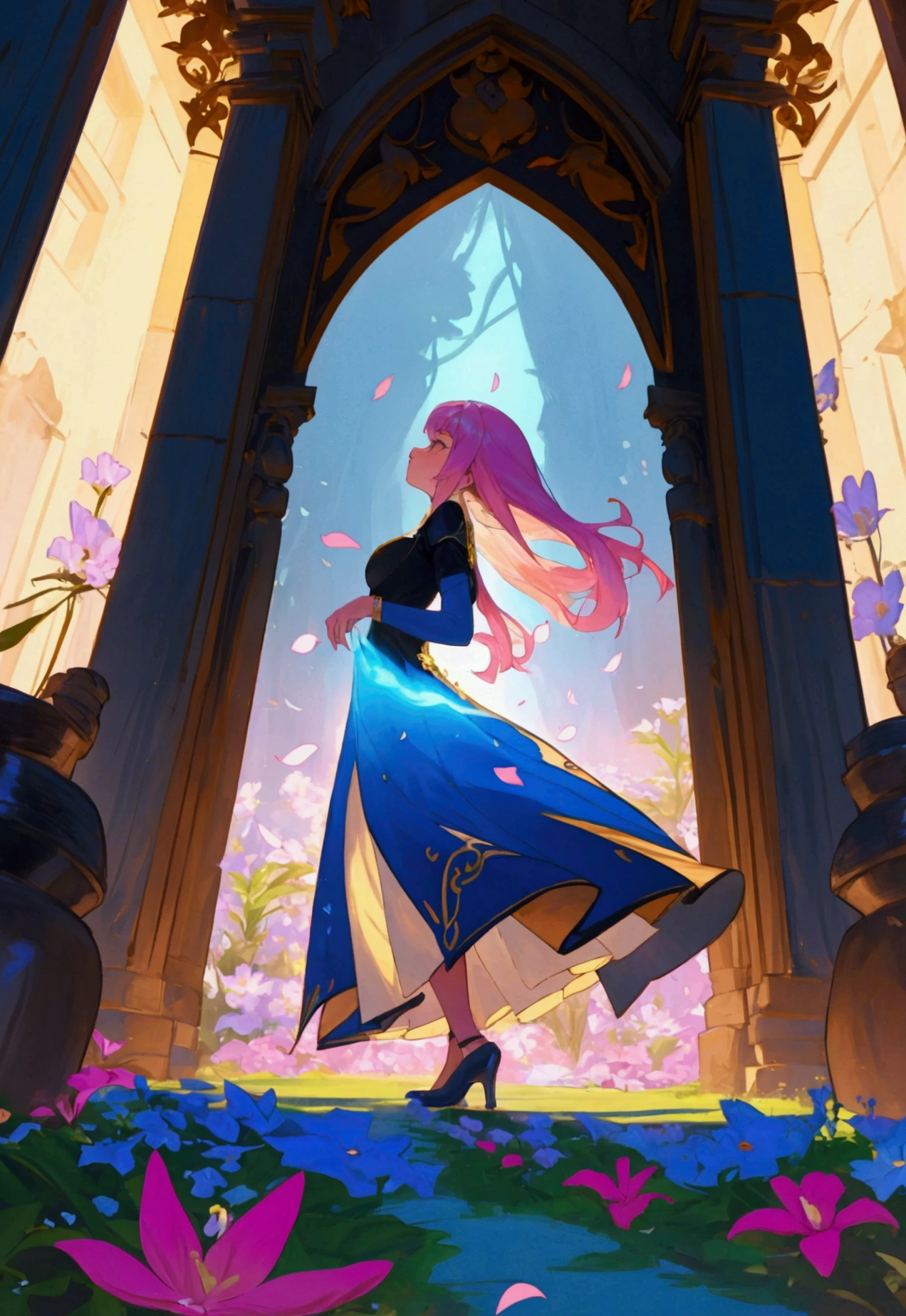 Scene 1: Arrival at the Garden Description:
Come on, with a light and fluid dress, walks slowly through an ancient gate covered in flowers. When opening the gate, she enters a stunning garden, bathed in a soft and magical light. The surrounding flowers glow in vibrant shades of pink, blue and gold, and a gentle breeze makes the leaves and petals dance to the rhythm of the music. A câmera foca no olhar de maravilha e alívio no rosto de Come on enquanto ela explora o novo mundo.