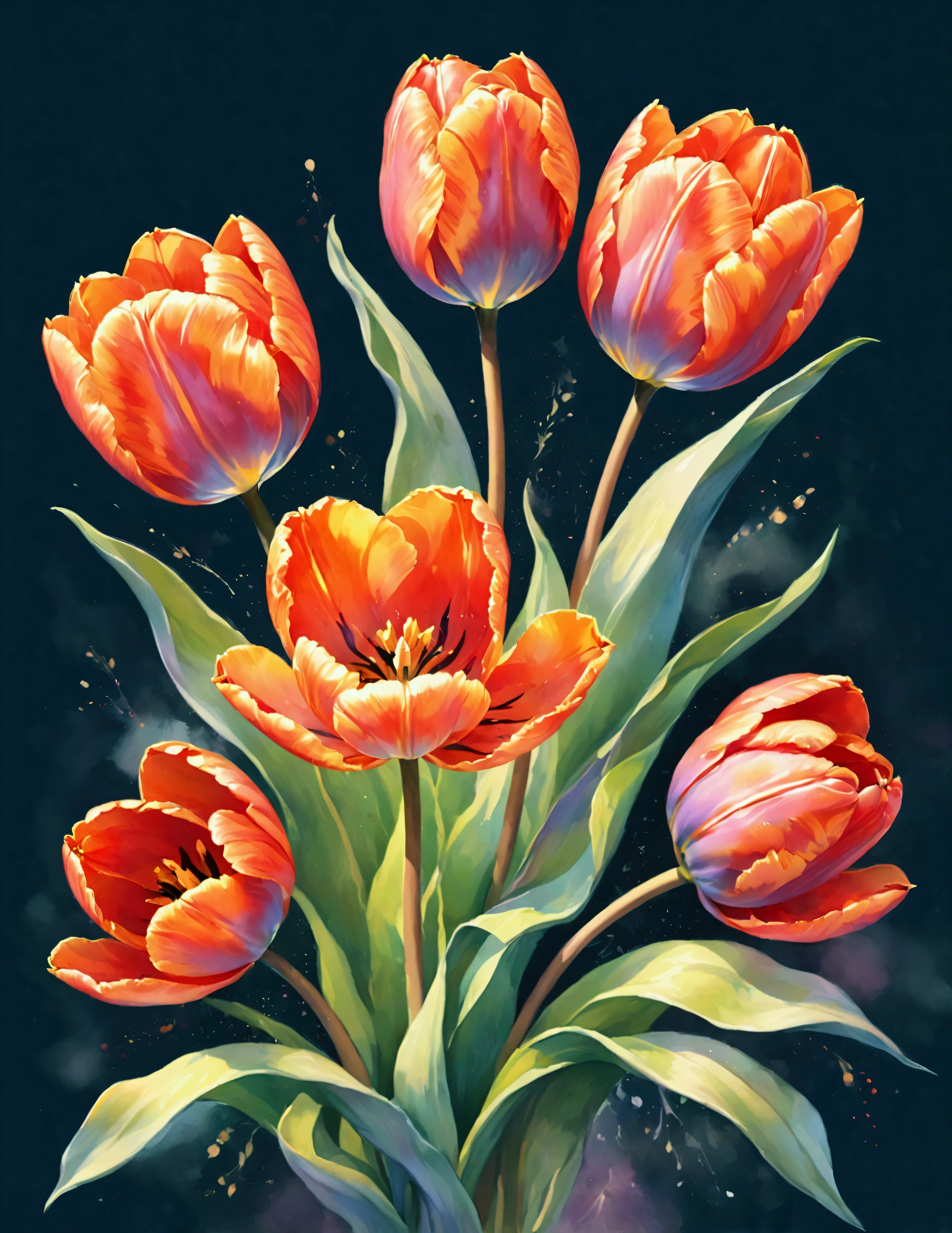 Illustration in watercolor style,(,flower,tulip,),Transparent watercolor,pour watercolor paint,Expressing the blur and blur typical of watercolors,Draw a thick, clear outline,Clarity,soft tones,Use layering techniques,(highest quality:1.4),(ultra detailed:1.5),High resolution,extremely detailed,unity 8k wallpaper,artwork,decorative
