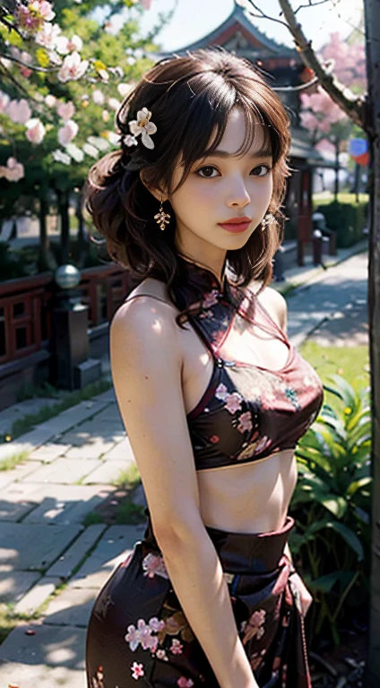 masterpiece,extremely detailed CG unity 8k wallpaper,1girl, beautiful, realistic, blurry, blurry_background, blurry_foreground, branch, brown_hair, plum blossom, depth_of_field, earrings, flower, jewelry, nose, realistic, solo,chinese clothes,fingers hidden, arms hidden, only wearing a bra