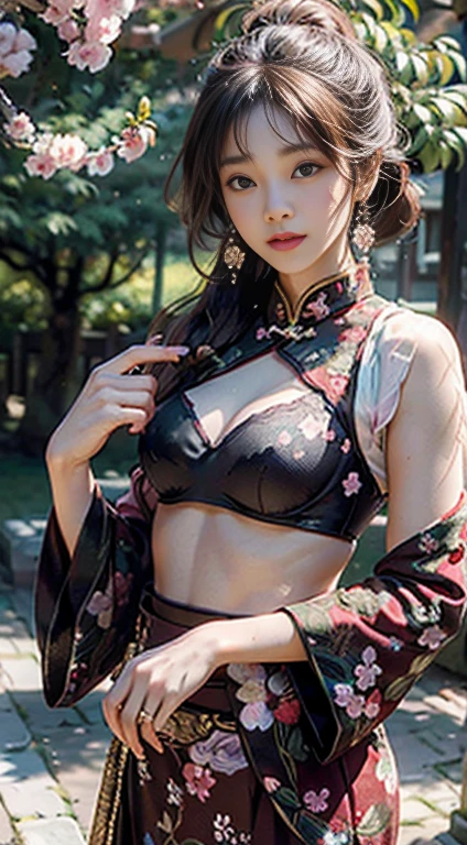 masterpiece,extremely detailed CG unity 8k wallpaper,1girl, beautiful, realistic, blurry, blurry_background, blurry_foreground, branch, brown_hair, plum blossom, depth_of_field, earrings, flower, jewelry, nose, realistic, solo,chinese clothes,fingers hidden, arms hidden, only wearing a bra