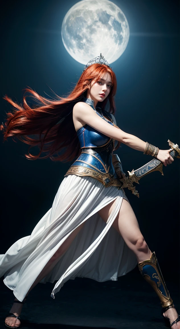 Ultra-realistic dark warrior: Full-body Fierce redhead woman, huge boobs, blue armor, white dress. Wielding an ornate sword. Flowing black cape. Medieval domed building background. 90s anime style, vibrant colors. Low angle view, heroic pose. Detailed armor plates, and intricate sword design. Determined expression, visible battle wounds. Dramatic lighting, and strong contrast. Hand-drawn aesthetic with cel shading. A blend of action and sensuality.