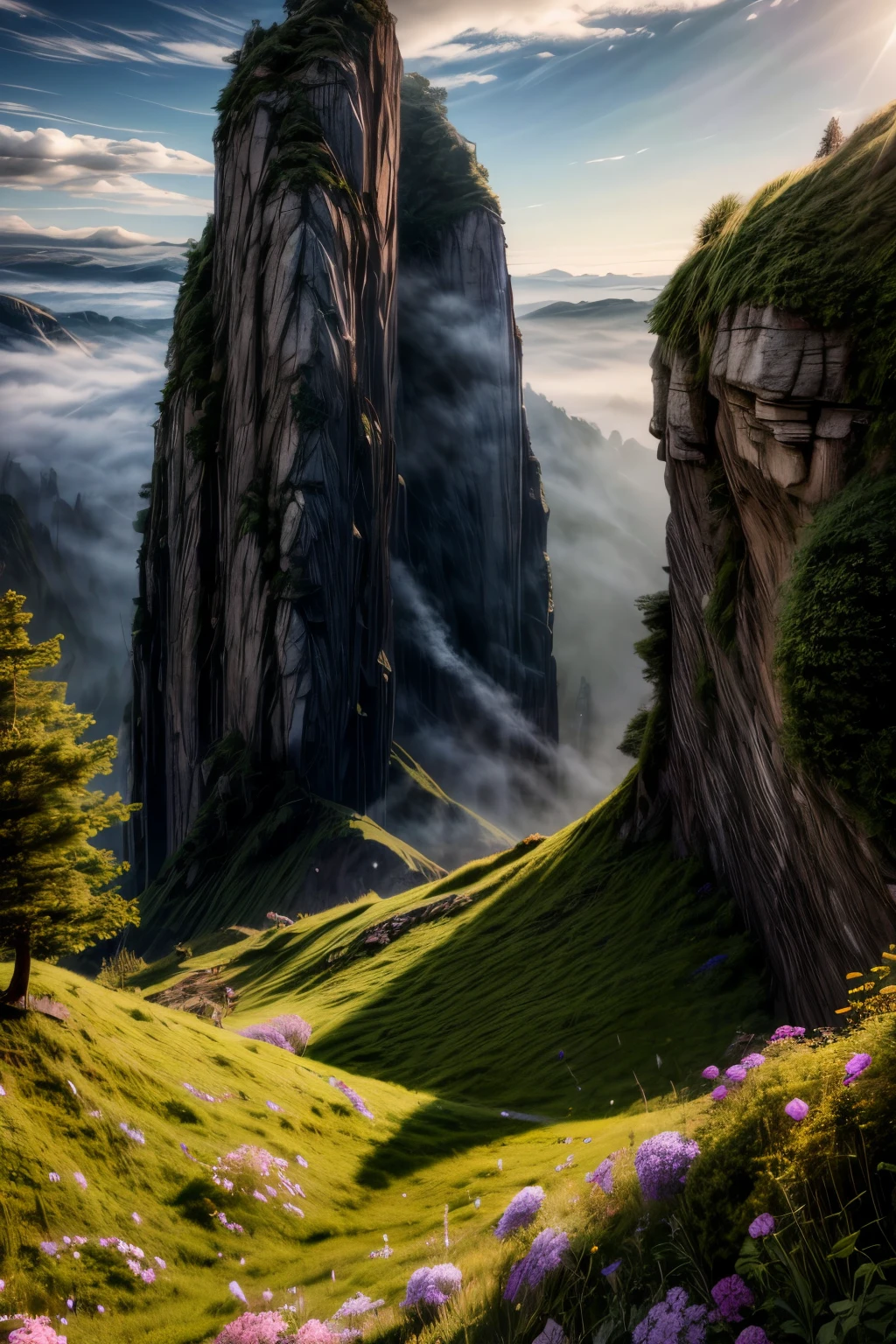 a cliff many flowers, colorful flowers, beautiful sky, matte painting 8k, matte paint 8K, vertical wallpaper 8K, vertical wallpaper 8K, vertical wallpaper 4K, vertical wallpaper 4K, lost series, realistic fantasy rendering, digital painting with 8K resolution, digital painting with 8K resolution, Jessica Rossier fantasy art, 4K rendered matte painting,  matte paint rendered in 3D  