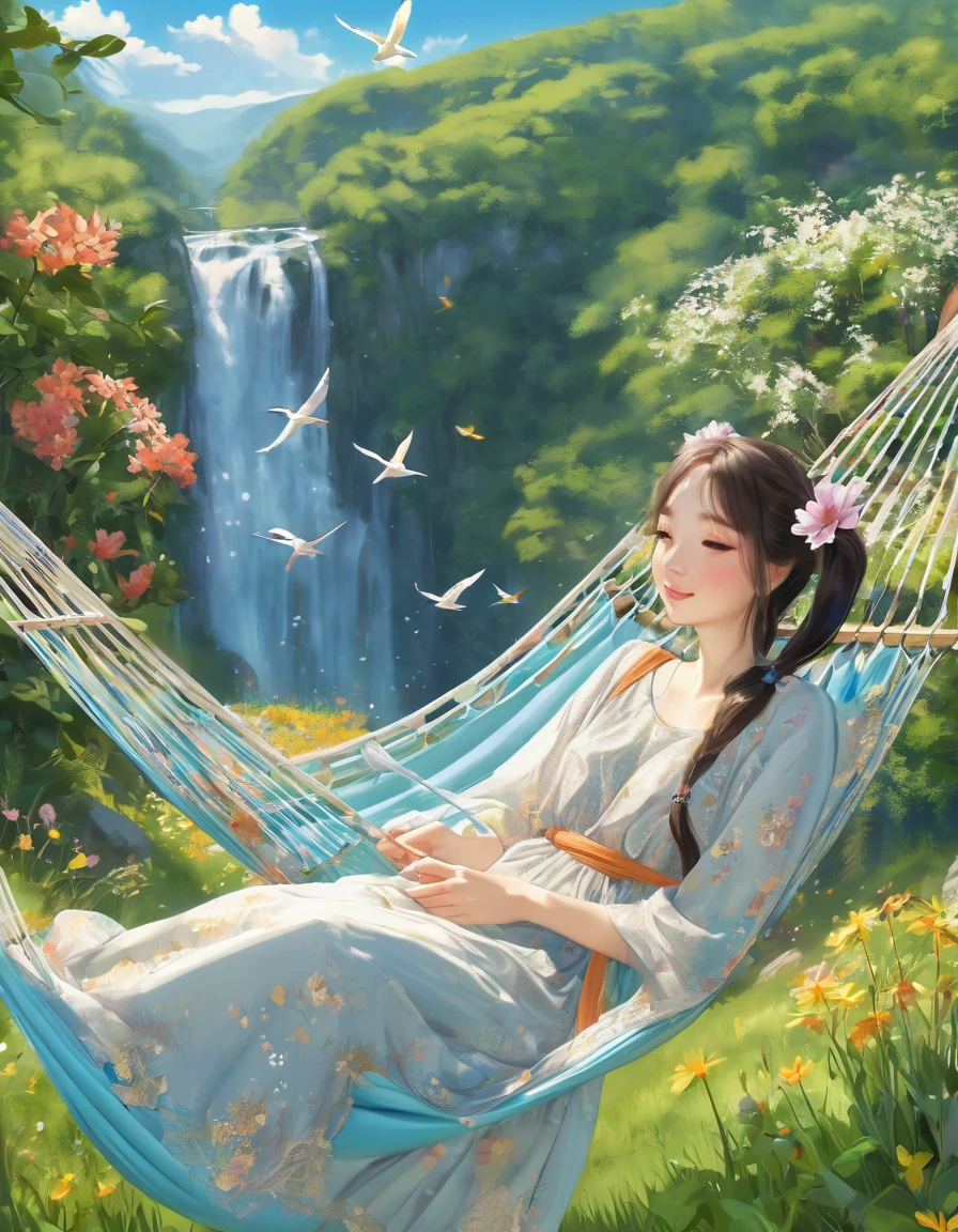 Girl lying in a comfortable hammock in a colorful garden,Light blue long hair、Beautiful girl with twin tails、Adorable smile、Relaxing in a hammock from the top of a mountain looking out over the valley below、,A soft breeze gently rustles the flowers and grass around her.,Relaxed atmosphere,Surrounded by lush greenery,Natural Beauty,Peaceful and serene,Feeling totally relaxed and carefree [Beautiful attention to detail,Beautiful lip detail],Wearing a loose summer dress,Immerse yourself in a fascinating book,background,A small waterfall flows slowly,Laid-back clouds floating in the clear blue sky,Birds chirping happily,Creating a harmonious melody,Evokes a sense of peace and calm,Artistic and dreamy landscapes,masterpiece:1.2,High resolution,Very detailed,Realistic,Studio Lighting,Vibrant colors,Soft and warm color palette