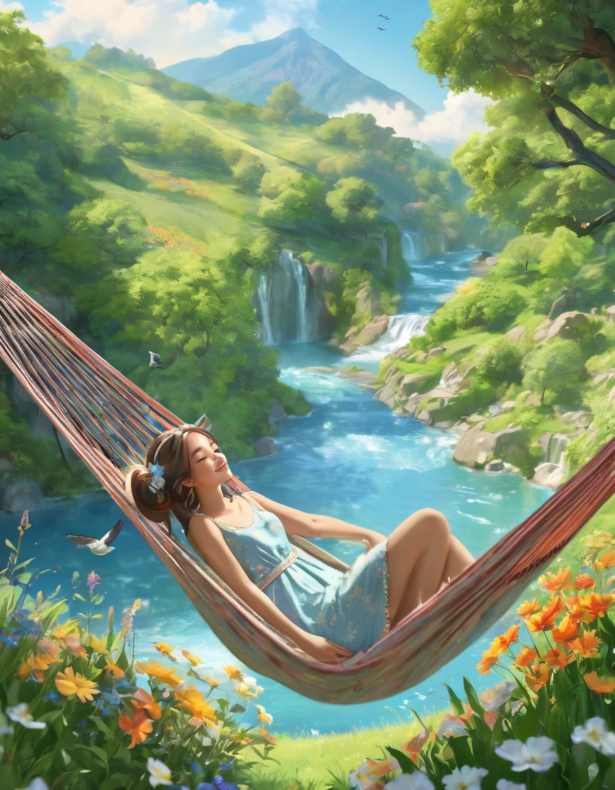 Girl lying in a comfortable hammock in a colorful garden,Light blue long hair、Beautiful girl with twin tails、Adorable smile、Relaxing in a hammock from the top of a mountain looking out over the valley below、,A soft breeze gently rustles the flowers and grass around her.,Relaxed atmosphere,Surrounded by lush greenery,Natural Beauty,Peaceful and serene,Feeling totally relaxed and carefree [Beautiful attention to detail,Beautiful lip detail],Wearing a loose summer dress,Immerse yourself in a fascinating book,background,A small waterfall flows slowly,Laid-back clouds floating in the clear blue sky,Birds chirping happily,Creating a harmonious melody,Evokes a sense of peace and calm,Artistic and dreamy landscapes,masterpiece:1.2,High resolution,Very detailed,Realistic,Studio Lighting,Vibrant colors,Soft and warm color palette