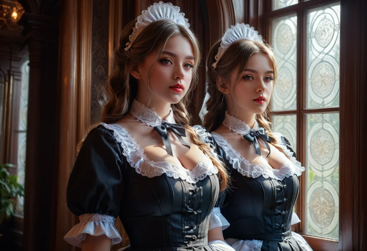 2girls, Maid Outfit, a beautiful maid with long straight hair, detailed eyes, detailed lips, extremely detailed face, long eyelashes, intricate maid uniform with lace and ribbons,  standing in a luxurious victorian-style room, window light, dramatic lighting, cinematic composition, highly detailed, photorealistic, 8k, masterpiece, big breast:1.3