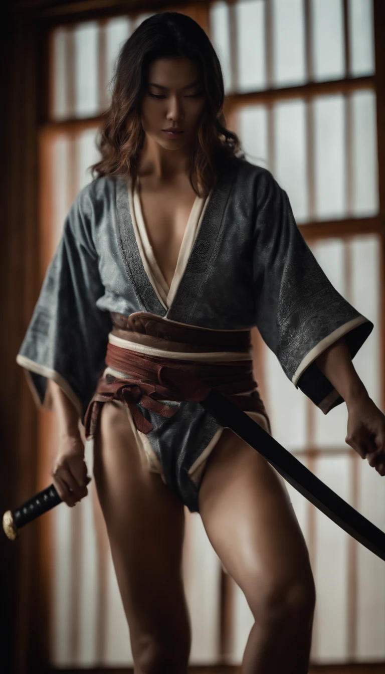 (was:1.3、((A female ninja looking back with a weapon in the forest:1.5)、With background)、(Female ninja with a sword:1.5))、(Realistic、Like a photograph、Live Action、8k, Realistic, RAW Photos, Best image quality: 1.4), Single-lens reflex camera、RAW Photos, Highest quality, Realistic, Highly detailed CG Unity 8k wallpaper, Written boundary depth, Cinematic Light, Lens flare, Ray Tracing, Realistic background、(kunoichi:1.4、White floral kimono::1.5、(p-line:1.5、Panty lines are visible:1.2))、Grey Hair、short hair、Short Ponytail、((Ultra-Dense Skin))、 1 girl,Cute Kunoichi、(whole body:1.5)、I like that style、Pay attention to the details、Perfect outfit、(White skin)、Accurate Arm、Accurate feet、Beautiful legs、Precise thighs、Anatomically correct body、View from behind