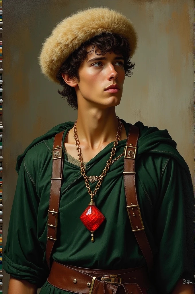{{Masterpiece, best quality, oil painting, by Franz von Stuck, male focus, muted colors}}, the composition is: (((a dramatic half body portrait of a 20 years old ancient Roman soldier, sexy, magnificent, wearing a beige Russian fur hat, he is wearing a red diamond shape pendant))). ((((He is wearing a dark green lorica uniform made of velvet and alligator leather, with ronin inspired elements, Slavic inspired elements, wearing a satin sash))).