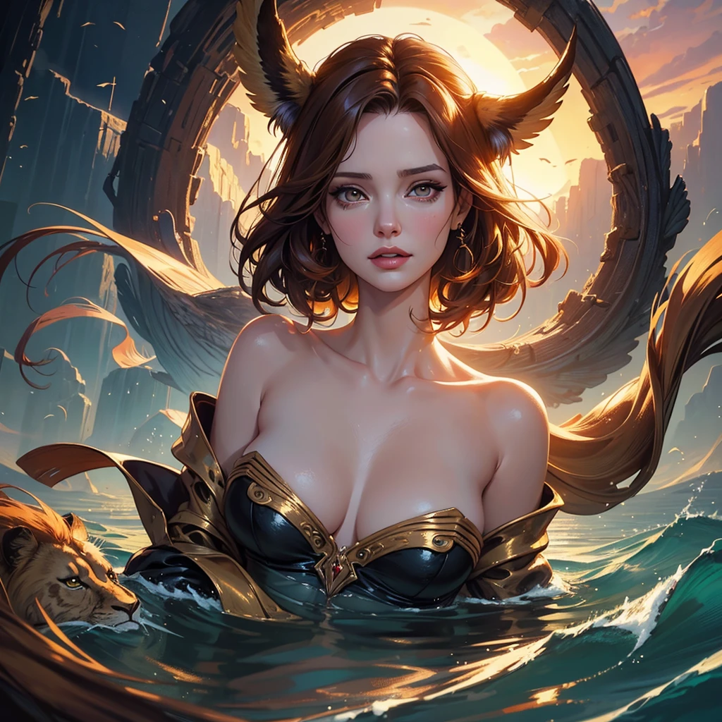golden hour, front view oil painting of a woman with face of Winona Ryder morphed with Angelina Jolie laughing with gigantic hairdo floating on water, giraffe morphed with lion emerges from water in the background, tears of joy, storks, stunning digital illustration, beautiful fantasy art portrait, a beautiful artwork illustration, charlie bowater rich deep colors, artstyle tom bagshaw, beautiful digital illustration, beautiful fantasy portrait, portrait of a dark fantasy nymph, exquisite digital illustration, in style of anna dittmann