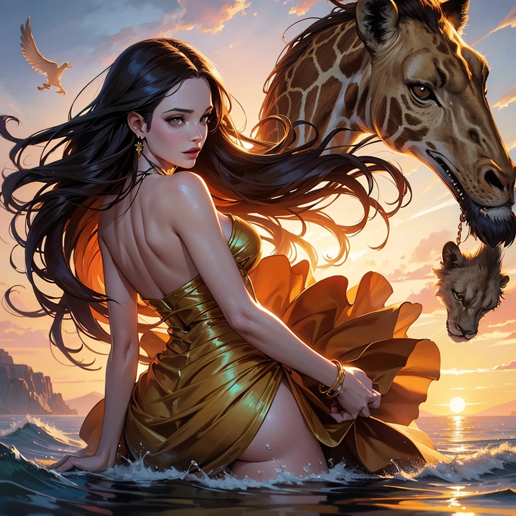 golden hour, front view oil painting of a woman with face of Winona Ryder morphed with Angelina Jolie laughing with gigantic hairdo floating on water, giraffe morphed with lion emerges from water in the background, tears of joy, storks, stunning digital illustration, beautiful fantasy art portrait, a beautiful artwork illustration, charlie bowater rich deep colors, artstyle tom bagshaw, beautiful digital illustration, beautiful fantasy portrait, portrait of a dark fantasy nymph, exquisite digital illustration, in style of anna dittmann
