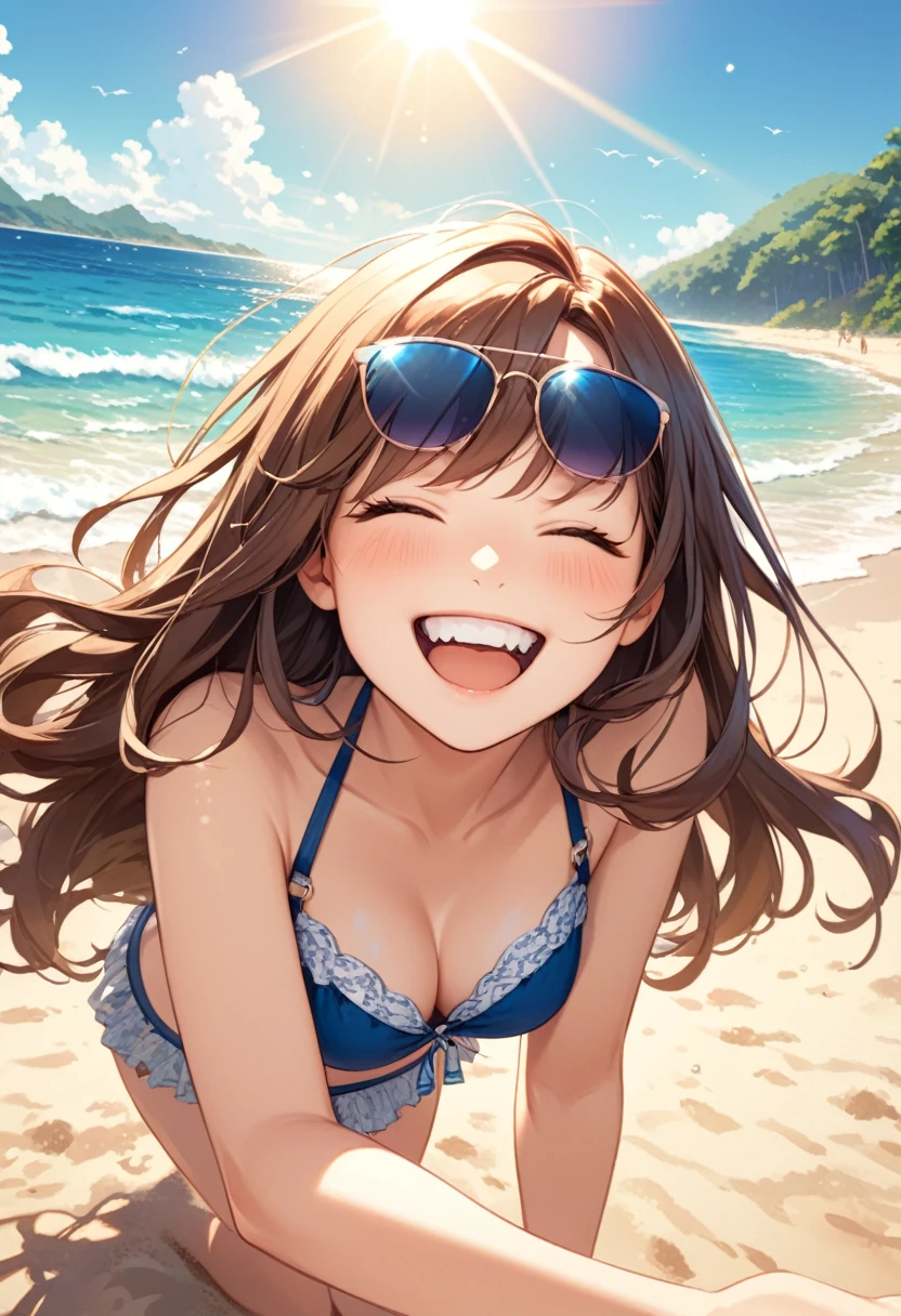 detailed illustration, dynamic angle, ultra-detailed, illustration, 1girl, 18 year old, school girl, wavy brown hair, long hair, bright brown eyes, cleavage, medium breasts, blue bikini, sunglasses, beach, sun ocean, sand, happy, elated, joyful, leaning forward, preening, grin, closed eyes