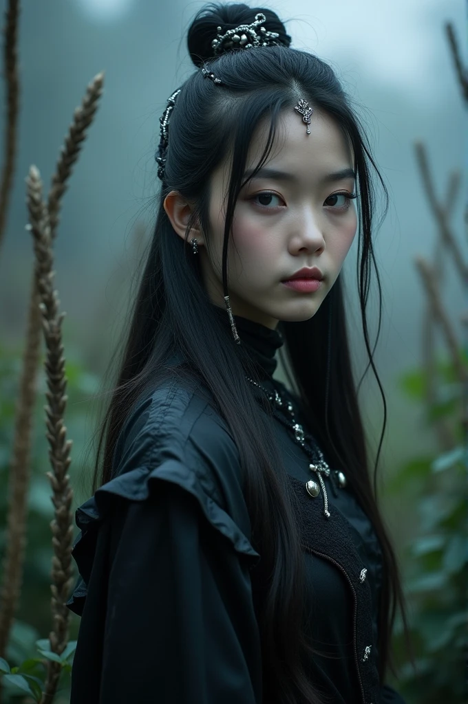 image Korean woman in her twenty fifth year wearing a gothic outfit her hair is made up with silver strands intertwine with her hair a moody background of spikes darkness spirals behind the mist hanging in the garden in the evening