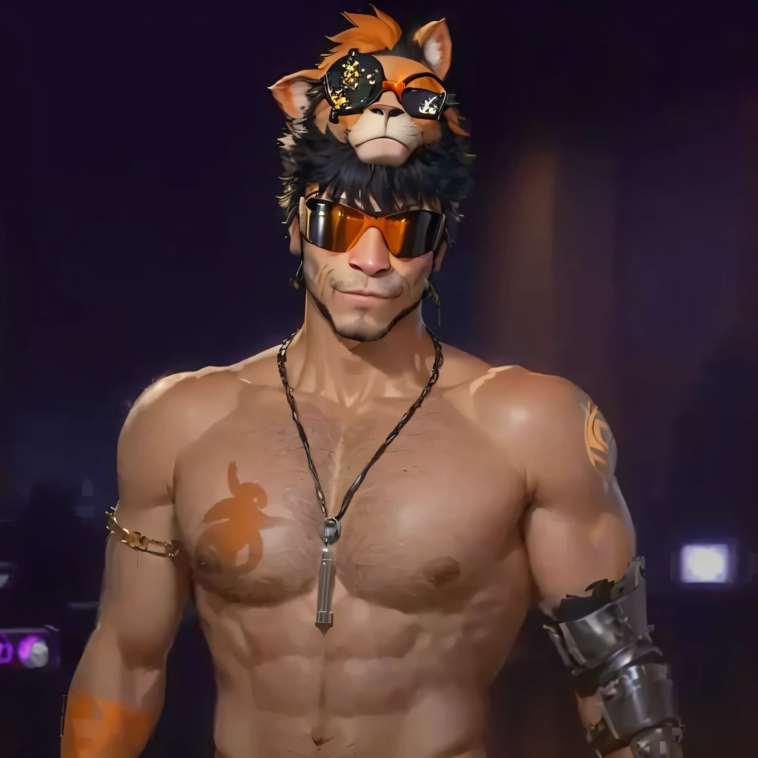 Arafed man with a monkey mask and a chain around his neck., saints row fursuit tails mod, second life avatar, he wears an eye patch, upper body avatar, fur : tjalf sparnaay, fluffy orange fur, hairy chest, as a tekken character, wearing an eye patch, Wear shiny black glasses, shirtless technoviking man