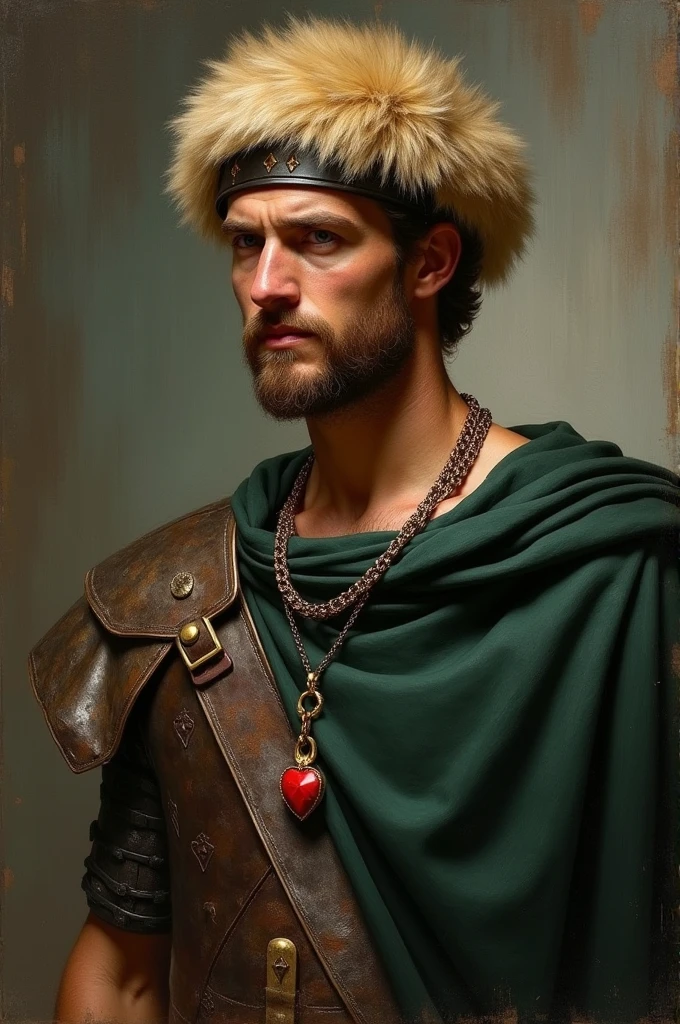 {{ oil painting, masterpiece, best quality,, by Franz von Stuck, male focus, muted colors}}, the composition is: (((a dramatic half body portrait of a 25 years old ancient Roman soldier, sexy, magnificent, wearing a beige Russian fur hat, he is wearing a red diamond shape pendant))). ((((He is wearing a dark green lorica uniform made of velvet and alligator leather, with ronin inspired elements, Slavic inspired elements, wearing a satin sash))).