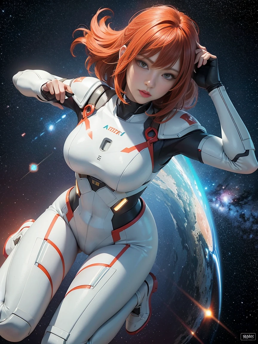 Ultra-realistic sci-fi: Full-body Female astronaut in a red mech bodysuit, white accents. dynamic pose mid-space. Mint hair, determined expression. Earth's curved horizon below. Starry background, bright celestial bodies. Retro 90s anime style, vibrant colors. Low angle view, emphasizing heroic stance. Detailed mechanical joints, and armor segments. High-contrast lighting, cosmic glow. A blend of hand-drawn and digital art techniques.