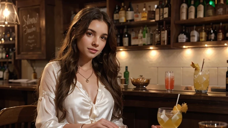 "A young woman with long wavy hair sitting in a bar. She wears a white silk blouse and pearl necklace., holding a refreshing cocktail with a pineapple decoration. The atmosphere is elegant, with soft lighting and tables in the background."