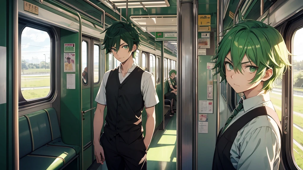 Anime male, short green hair, green eyes, not smiling, 1 person, sideways, looking out the train window.