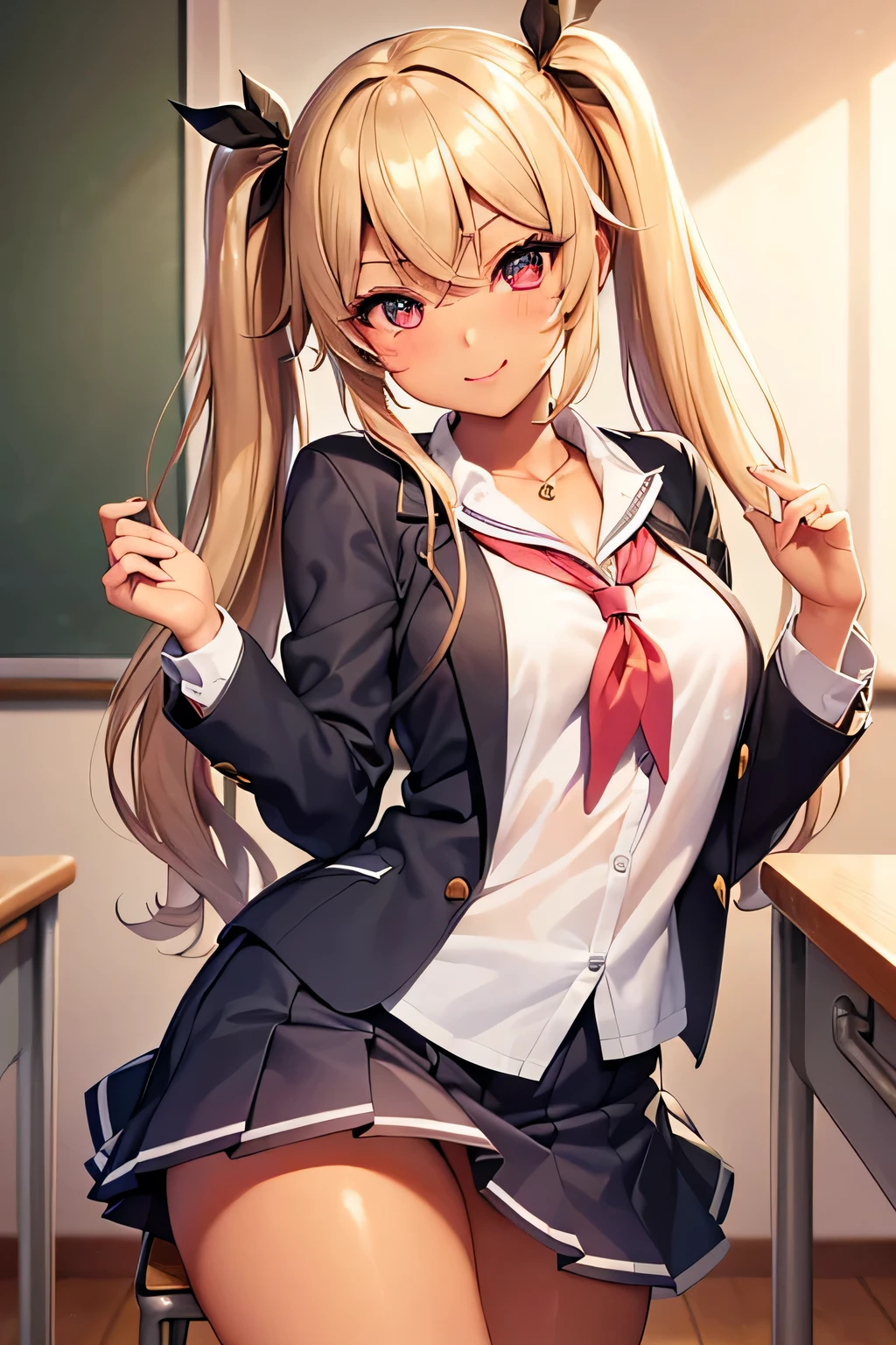 masterpiece, best quality,high resolution、Detailed、((extremely delicate and beautiful fabric):1.3)、 8k、、1girl, solo, blonde hair, twintails、(cute face:1.5)、(school uniform:1.5)、open clothes, bow,cleavage、smile、modern classroom、gal、gyaru、thick bluish eyeshadow, thin eyebrows, thick black eyeliner, Highlighted eyes with eyeliner, false eyelashes,(tanned skin:1.2), (game cg)、