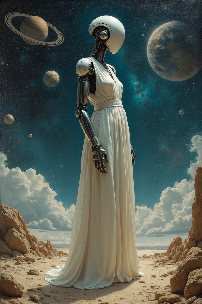 A captivating oil painting in the style of John William Waterhouse, depicting an android woman standing gracefully amidst a space station. The station is surrounded by celestial debris, adding a sense of mysticism and wonder. The android woman is adorned with a flowing white robe, her mechanical limbs gleaming in contrast. In the background, a starry cosmos stretches out, with planets and galaxies adding depth to the scene. This piece combines the beauty of classical art with the futuristic elements of space exploration.