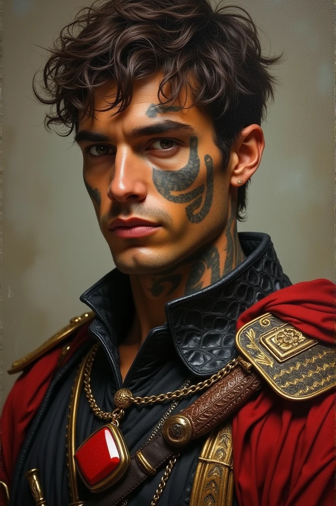 {Masterpiece, best quality, oil painting, by Franz von Stuck, by James Tissot, male focus, muted colors}, the composition is: ((((very dramatic half body portrait of a handsome 20 year old ancient Praetorian guard, gay, brown skin, tan, confident, magnificent, tattooed, smiling, messy brown hair. Tattoos, His face is tattooed, he has snake-like eyes)))). (((He is wearing a black and red ancient ronin uniform with praetorian inspired elements made of silk, alligator skin, he is wearing a red diamond shape pendant))).
