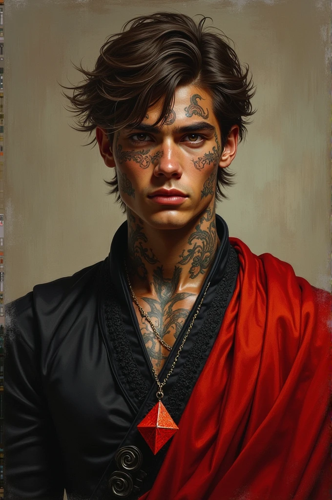 {Masterpiece, best quality, oil painting, by Franz von Stuck, by James Tissot, male focus, muted colors}, the composition is: ((((very dramatic half body portrait of a handsome 20 year old ancient Praetorian guard, gay, brown skin, tan, confident, magnificent, tattooed, smiling, messy brown hair. Tattoos, His face is tattooed, he has snake-like eyes)))). (((He is wearing a black and red ancient ronin uniform with praetorian inspired elements made of silk, alligator skin, he is wearing a red diamond shape pendant))).