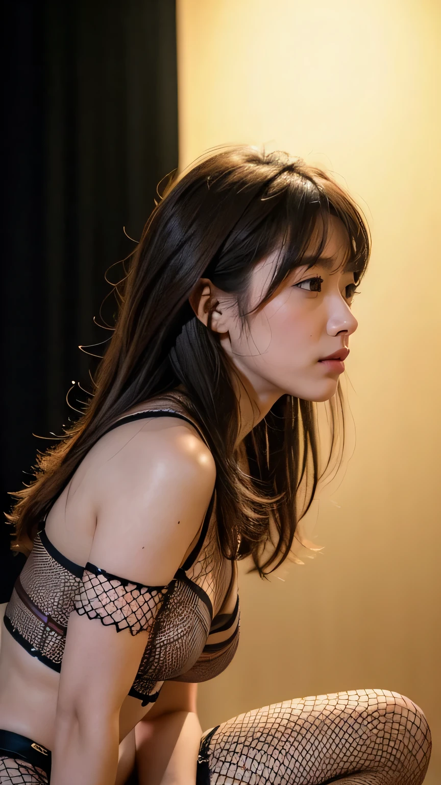 Browsing Caution, ((Highest quality, 8k, RAW Photos, masterpiece :1.3)), (Realistic、Photorealistic:1.37)、Very detailed、Ultra-high resolution, (Professional Lighting), alone, 1 female, alone, (30 years old), Japanese, Beautiful and dense face, Shining Eyes, Brown eyes, (thin：Weight 1.0) , Fine and beautiful skin, Skin Texture, kit, Light of the sun,
(Hairstyle: Medium Hair、Straight hair、bangs:1.3, Brown Hair),
(Wear fishnet body stockings:1.3), City Street、noon、(((Cowgirl))), , necklace, (((blush))), (((From the side, Looking at the audience:1.3))),  Browsing Caution,