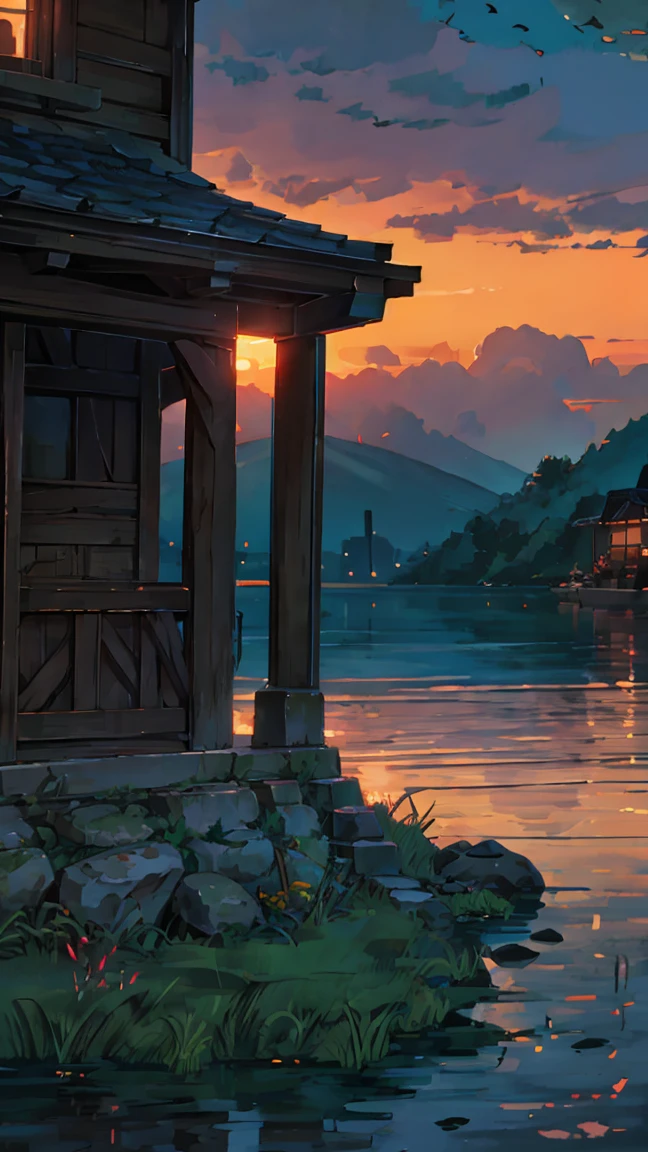 Sunset, wind up, girl sitting under stone pier, confused, HD 8k, masterpiece