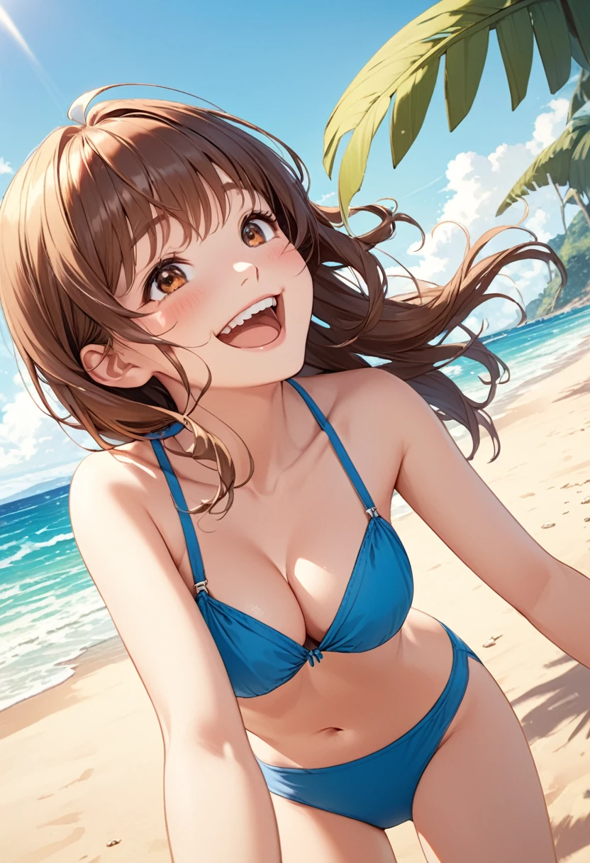 detailed illustration, dynamic angle, ultra-detailed, illustration, 1girl, 18 year old, school girl, wavy brown hair, long hair, bright brown eyes, cleavage, medium breasts, blue bikini, beach, sun ocean, sand, happy, elated, joyful, leaning forward, preening, laughing