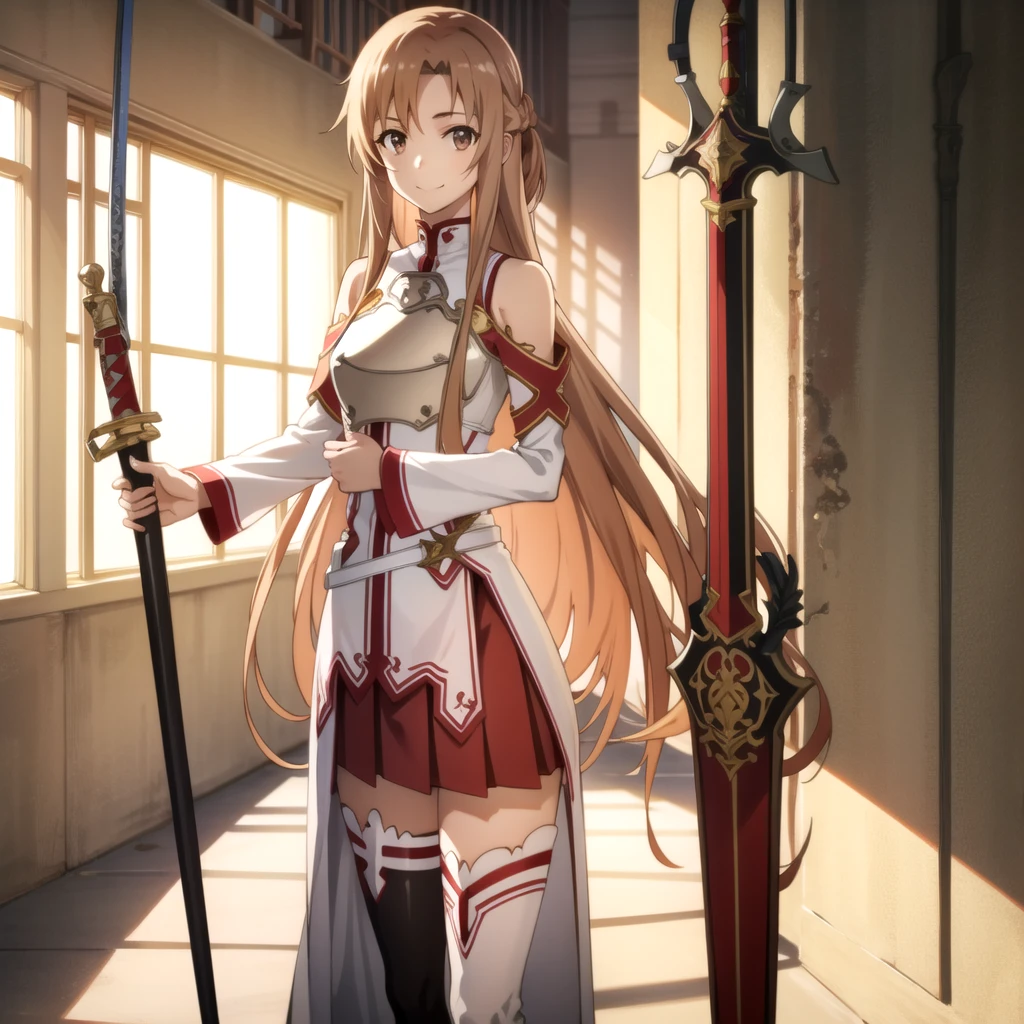 tall body, tall, long legs, mature female, mature, adult, simple background, indoors
 Eft_sao_asuna, 1girl, long hair, asuna (sao), brown hair, brown eyes, solo, weapon, sword, thighhighs, skirt, smile, armor, breastplate, detached sleeves, pleated skirt, white thighhighs, looking at viewer, bare shoulders, red skirt, very long hair