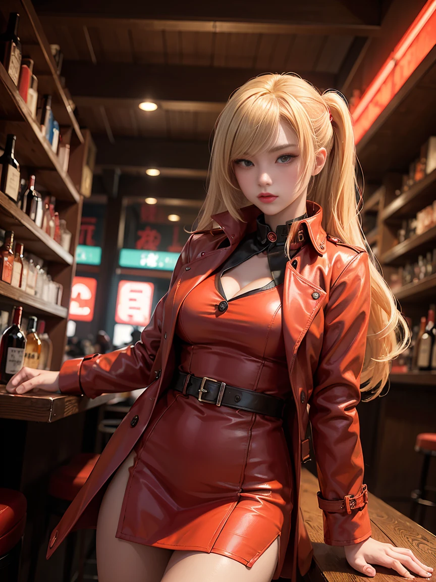 Anime noir: Blonde woman in vivid red trench coat at dimly lit bar. 90s anime style, photorealistic details. Neon-lit Japanese urban night scene. Moody atmosphere, dramatic lighting. Shelves of liquor bottles, bar stools in foreground. Eye-level view, sultry pose. Intricate coat design, high slit revealing leg. Neon signs, kanji text visible. Blend of hand-drawn and digital techniques. High contrast, emphasis on red against dark background.