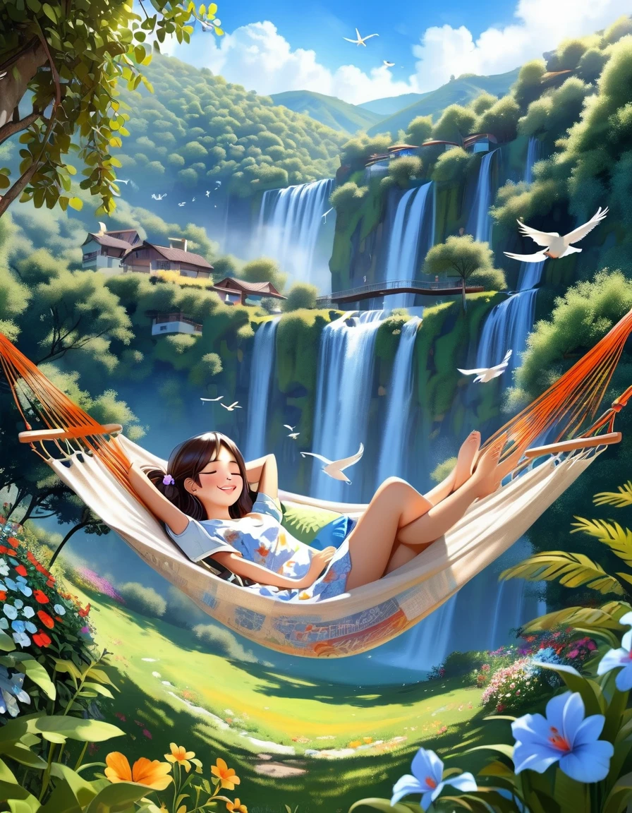 Girl lying in a comfortable hammock in a colorful garden,Light blue long hair、Beautiful girl with twin tails、Adorable smile、Relaxing in a hammock from the top of a mountain looking out over the valley below、,A soft breeze gently rustles the flowers and grass around her.,Relaxed atmosphere,Surrounded by lush greenery,Natural Beauty,Peaceful and serene,Feeling totally relaxed and carefree [Beautiful attention to detail,Beautiful lip detail],Wearing a loose summer dress,Immerse yourself in a fascinating book,background,A small waterfall flows slowly,Laid-back clouds floating in the clear blue sky,Birds chirping happily,Creating a harmonious melody,Evokes a sense of peace and calm,Artistic and dreamy landscapes,masterpiece:1.2,High resolution,Very detailed,Realistic,Studio Lighting,Vibrant colors,Soft and warm color palette