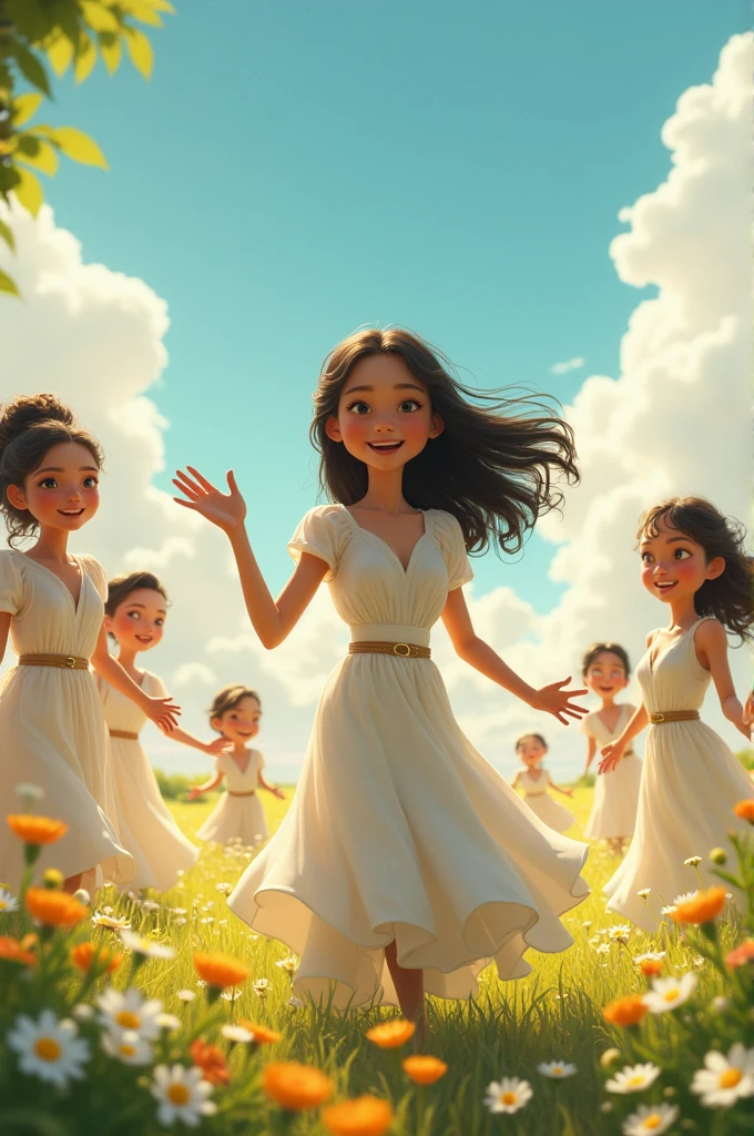 Scene 2: Meeting with the Garden's Inhabitants Description:
Haya encounters a group of happy people dressed in white, who dance and laugh in a field covered in flowers. They invite her to join them. The dance is graceful and synchronized, and the smiles of the inhabitants are warm and welcoming. Haya joins the dance, your worries and fears melting away with the joy around you. The scene is full of fluid and brilliant movements, reflecting the beauty and lightness of the place.