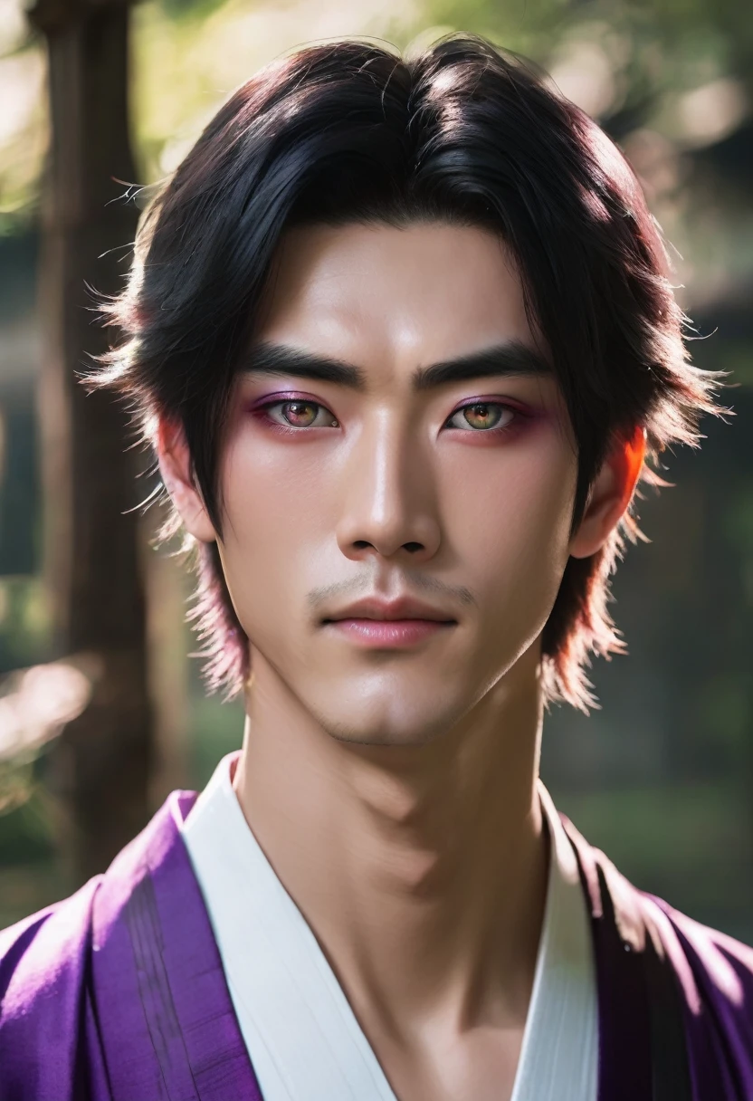 I want a young Japanese man, He has heterochromia, one eye is green and the other is purple., hair color will be red, and have a naughty smile, make him wearing a black kimono. Um retrato realista, full hd 4k.