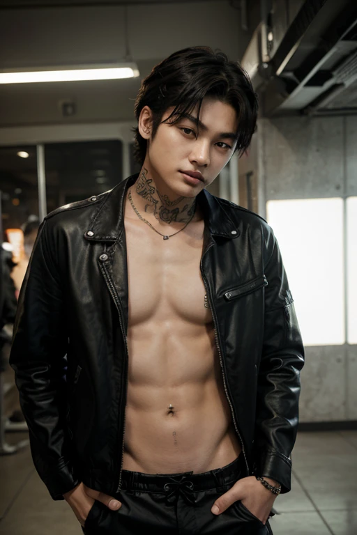 Hwang Hyunjin of the Straykids Group shirtless, black hair, without any facial hair and with a lip piercing, a tattoo on the neck that says "The best" and with a leather jacket, cargo pants and no shirt. That you look elegant and at the same time your skin tone is pale, wear masculine makeup and be attractive, must look like a K-pop idol. 