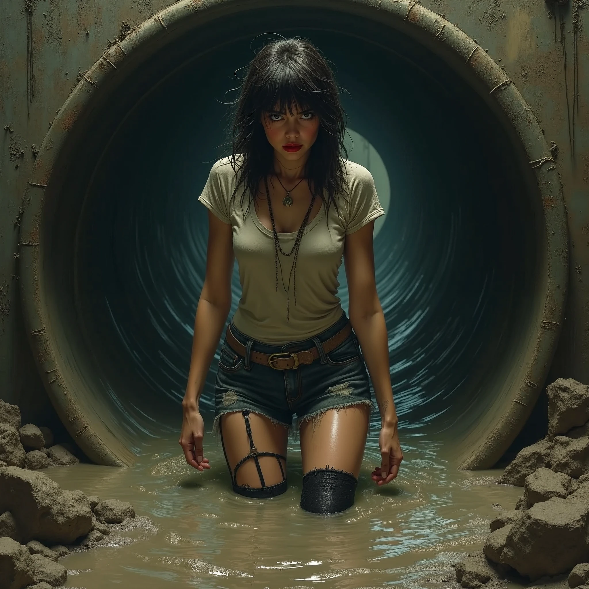 masterpiece, sensation:1.0, attention-grabbing:1.0, drama, girl, inside waste stream pipe,muddy t-shirt, black stockings with garters, muddy cut-off jeans shorts, mud sinking, red lips,