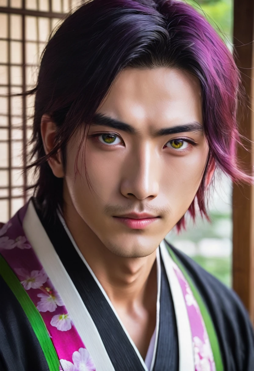I want a young Japanese man, He has heterochromia, one eye is green and the other is purple., hair color will be red, and have a naughty smile, make him wearing a black kimono. Um retrato realista, full hd 4k.