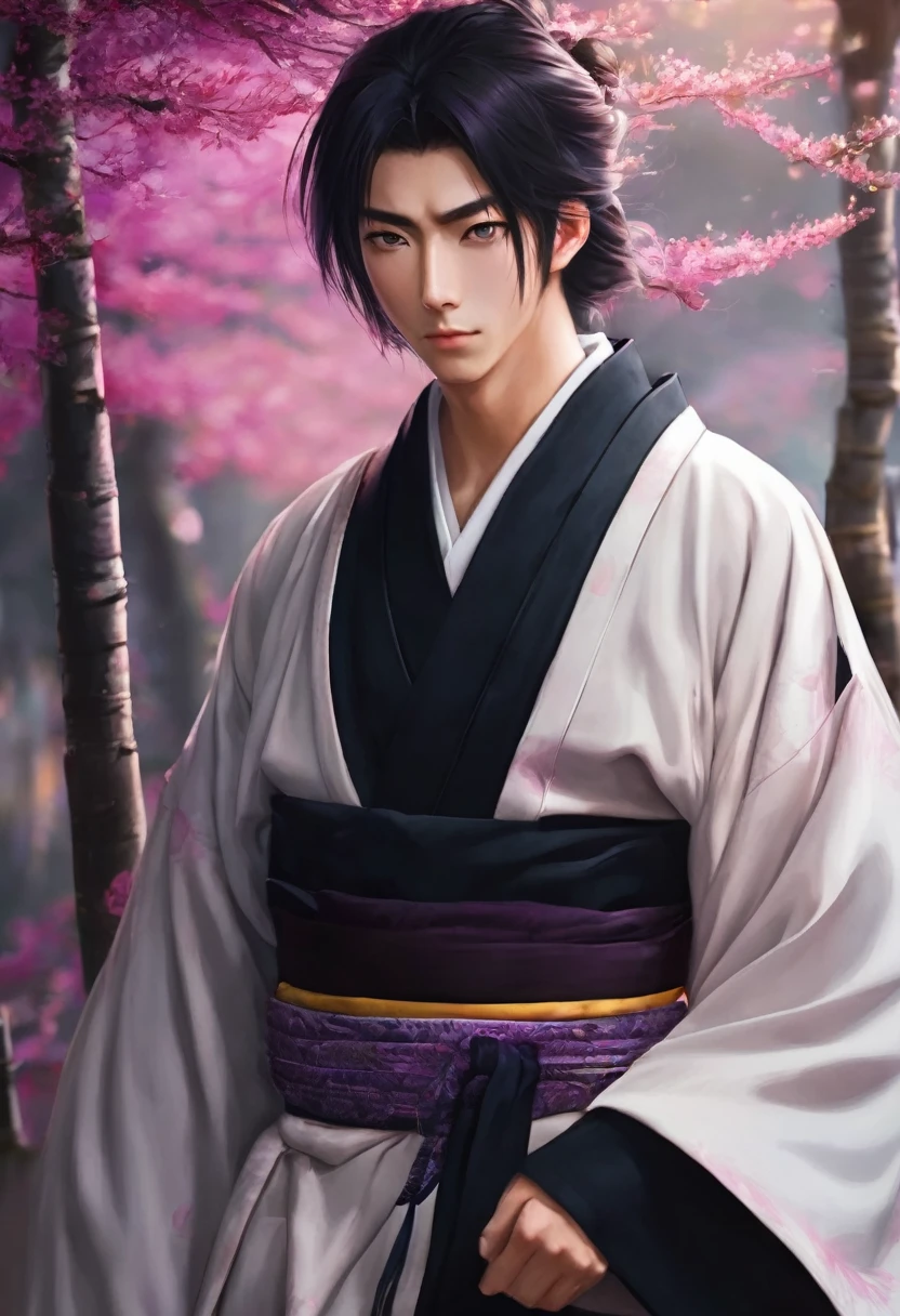 I want a young Japanese man, He has heterochromia, one eye is green and the other is purple., hair color will be red, and have a naughty smile, make him wearing a black kimono. Um retrato realista, full hd 4k.