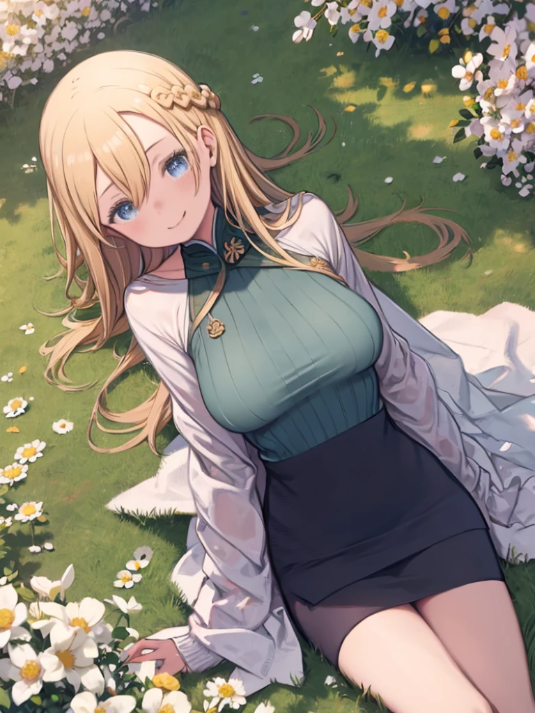 One Girl、Blonde Hair、long hair、Hair between the eyes、Blue Eyes、Braid、Green Turtleneck Sweater、Big Breasts、Huge breasts、Smiling、Pencil Skirt、Cape、Sleepy eyes、Put your hands together above your head、Angle from above、Watching the audience、Lying on a bunch of flowers、Flower beds、Flower Field、field、grassland、
