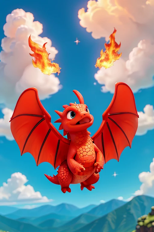 Five is a bright red little dragon. It has big and beautiful wings. Five's tail curved beautifully. As it flew in the clear blue sky There are white clouds floating down. Five shoots orange-red fire from his mouth. The flames blaze brightly. Showing fear and fear