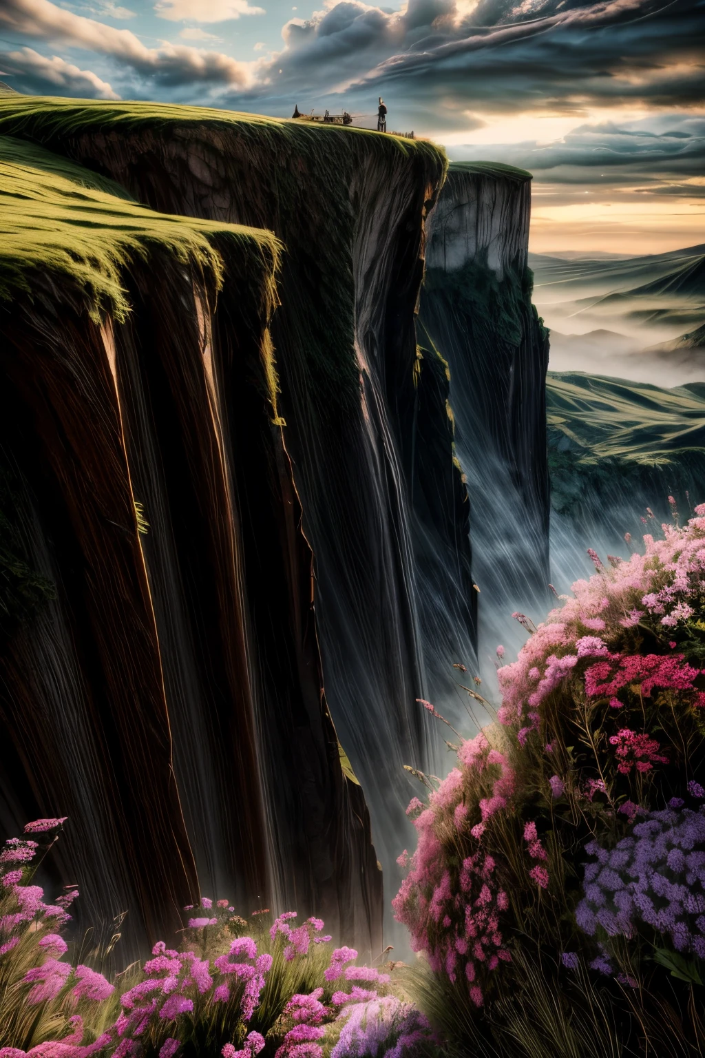 a cliff many flowers, colorful flowers, beautiful sky, matte painting 8k, matte paint 8K, vertical wallpaper 8K, vertical wallpaper 8K, vertical wallpaper 4K, vertical wallpaper 4K, lost series, realistic fantasy rendering, digital painting with 8K resolution, digital painting with 8K resolution, Jessica Rossier fantasy art, 4K rendered matte painting,  matte paint rendered in 3D  