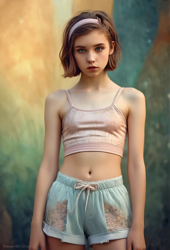 (Cinematic photo:1.3) From (Thigh-length photos:1.3),(skinny:1.3) ((CROPTOP, NAVEL)) Beautiful 12 year old girl, (complex brown hair), Highly detailed texture кожи, realistic texture кожи, looks straight into the camera, (looks at the viewer) ), pout, , Shine, Dramatic, Dreamy, pastelный цветочный сад, elegant, strange, gentle, Highly detailed, difficult, UHD Digital Photography, Fantasy theme, skinny shoulders, Photo to the knees , beautiful young girl, big, Beautiful body, highly detailed full-length shot, Dreamy, pastel, watercolor, strange, gentle, detailed hair band, Highly detailed texture, realistic texture, digital painting, highly detailed photo, (art deco: 1 .хFromоралFromм:1.3),(Classic realotm:1.3),(Fujifilm Superia:1.3),, golden hour light,