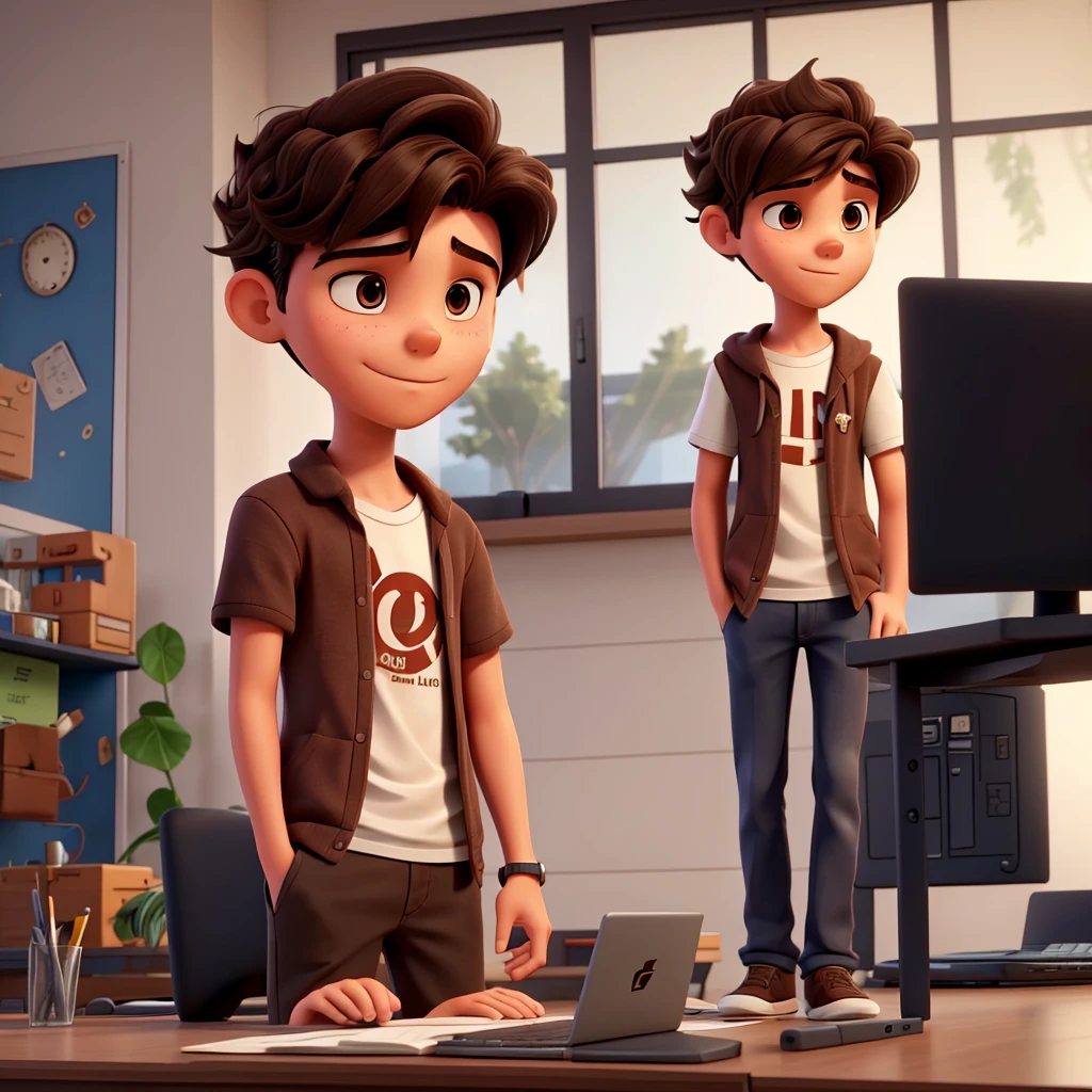Carlo sharp, ager with short wavy hair dark brown hair color, slim in casual clothes and a laptop in his hand