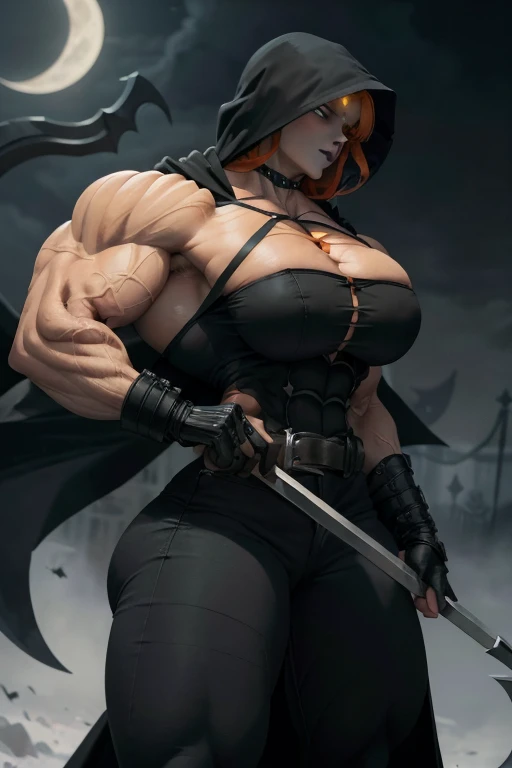 (((Close-up))), tall, (orange hair) beautiful muscular female grim reaper, long shaggy hair, pale white skinned, closed smile, large breast, (black lipstick), (massive muscles), (hyper muscle), ((ginormous bulky muscles)), green eyes, (((black reaper cloak))), (black jeans), ((holding a crescent scythe)), gauntlets, choker, boots, (in a dark realm)