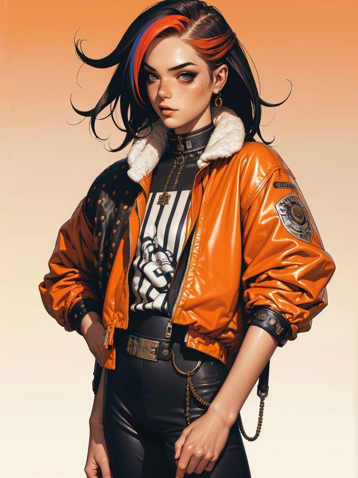 (((best qualityer))), (((manga strokes))), (((messy and colorful punk hair))), (((freckles))), uma Kizi jovem muito bem vestida com roupas modernas de inverno, wide pants with red and black zig-zag pattern, top gift vertical stripes, short jacket with dark fur collar, beautiful and expressive face, slightly-smile, big eyes with long black eyelashes, heavy make-up, chains and zippers spread across clothes, contrasting colours, pose de atitude, hair with a modern and futuristic cut, urban game poster art, dramatic camera angles, graffiti art elements in the background, design mixing contemporary and retro by Shepard Fairey, (((cowboy shot))), (((best qualityer: 1.4))), (Unbeatable masterpiece), (hiper HD),(CG 8k hyper-realistic), Kizi, (((standing alone))), pirralha violent, (((14歳))), sexly, pose de atitude, work of art, post-apocalypse, (((manga style))), bounty hunter, violent, Manic, the way you want, slenderbody, thin but strong, perfectbody, roupa moderna, advanced technology, neon, sleeves with vertical striped pattern, neutral background, (( cowboy shot )). intricate visual