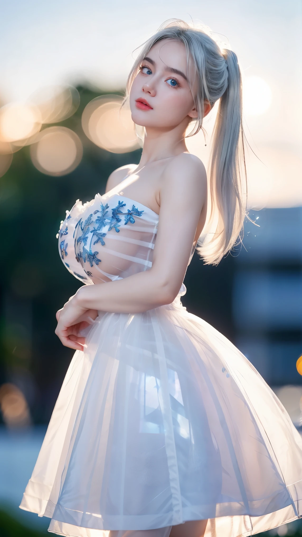 Georgeous, Beautiful, Cute, Baby Face, 18 Years Old, White Skin, Cleavage, ((Large Colossal Breast:1.3)), Sleeveless, Off Shoulder, Strapless, ((Transparent:1.3)), ((White Long ****ta Dress)), (Embroidery), Posing, ((Silver Hair)), ((Bright Blue Eye)), ((Muscles:1.3)), ((Bokeh:1.3)), Animal Farmer Background, Masterpiece, Twintails