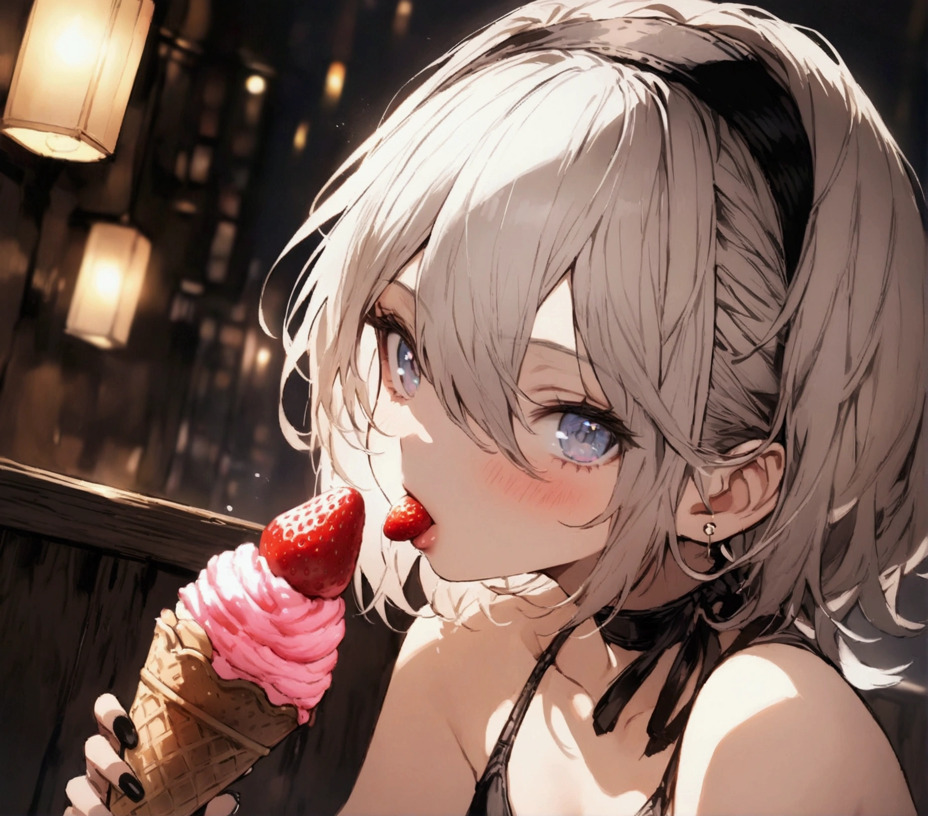 Best Quality, 2b nier automata, in a bikini eating strawberry ice cream, 