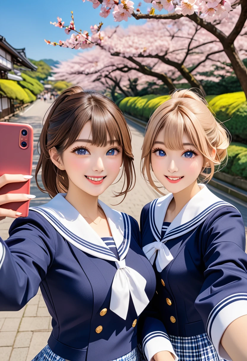 Highest quality、High resolution、Detailed Background、(Beautiful face in every detail:1.4)、Normal number of fingers、Highly detailed face、Detailed eyes、Teenage beauty、Huge breasts、Perfect body line、Light color hair、Bobcut、ponytail、Wavy Hairstyle、well-groomed eyebrows、Navy blue sailor suit、White sailor collar、Checkered pleated skirt、White Stockings、School trip、Natural beauty、historical charm、A big smile、smile、Okayama Korakuen、cherry blossoms、
(Three girls taking a selfie with a famous spot in the background:1.5)、cute
