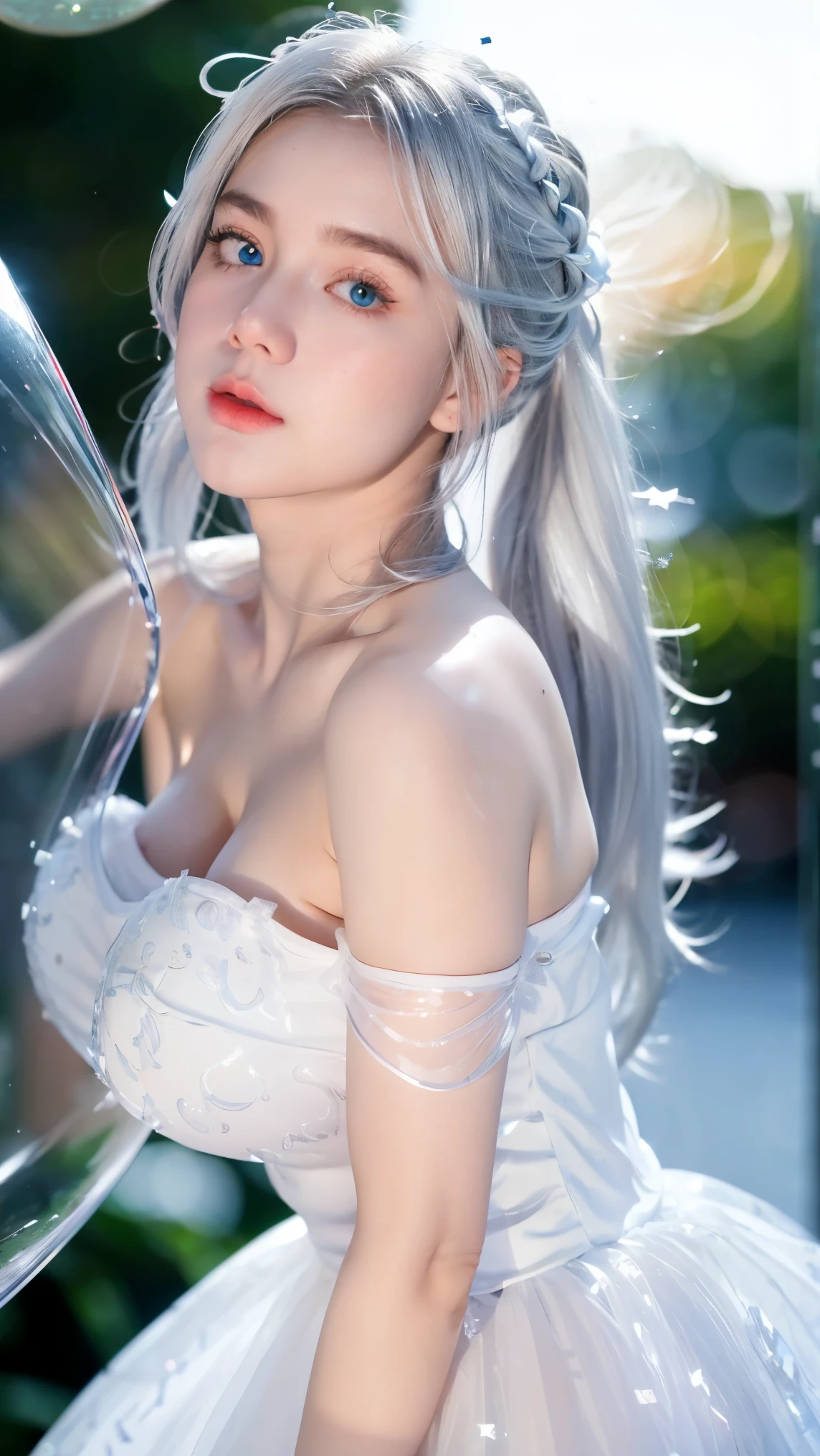 Georgeous, Beautiful, Cute, Baby Face, 18 Years Old, White Skin, Cleavage, ((Large Colossal Breast:1.3)), Sleeveless, Off Shoulder, Strapless, ((Transparent:1.3)), ((White Long ****ta Dress)), (Embroidery), Posing, ((Silver Hair)), ((Bright Blue Eye)), ((Muscles:1.3)), ((Bokeh:1.3)), Animal Farmer Background, Masterpiece, Twintails